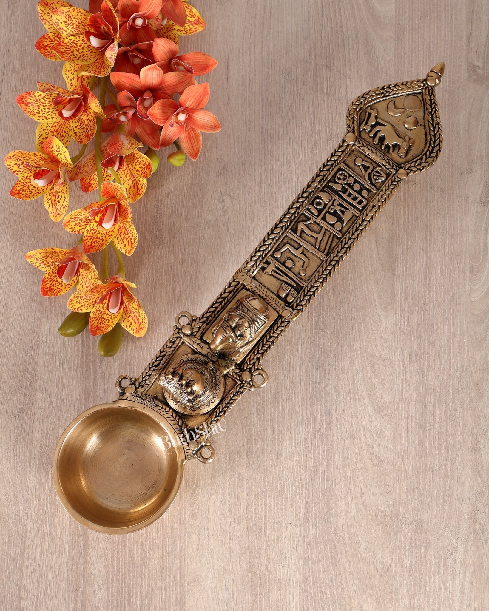 Brass Large Nandi Havan Spoon with Shiva Lingam – Handcrafted Vedic Ritual Collectible - Budhshiv.com