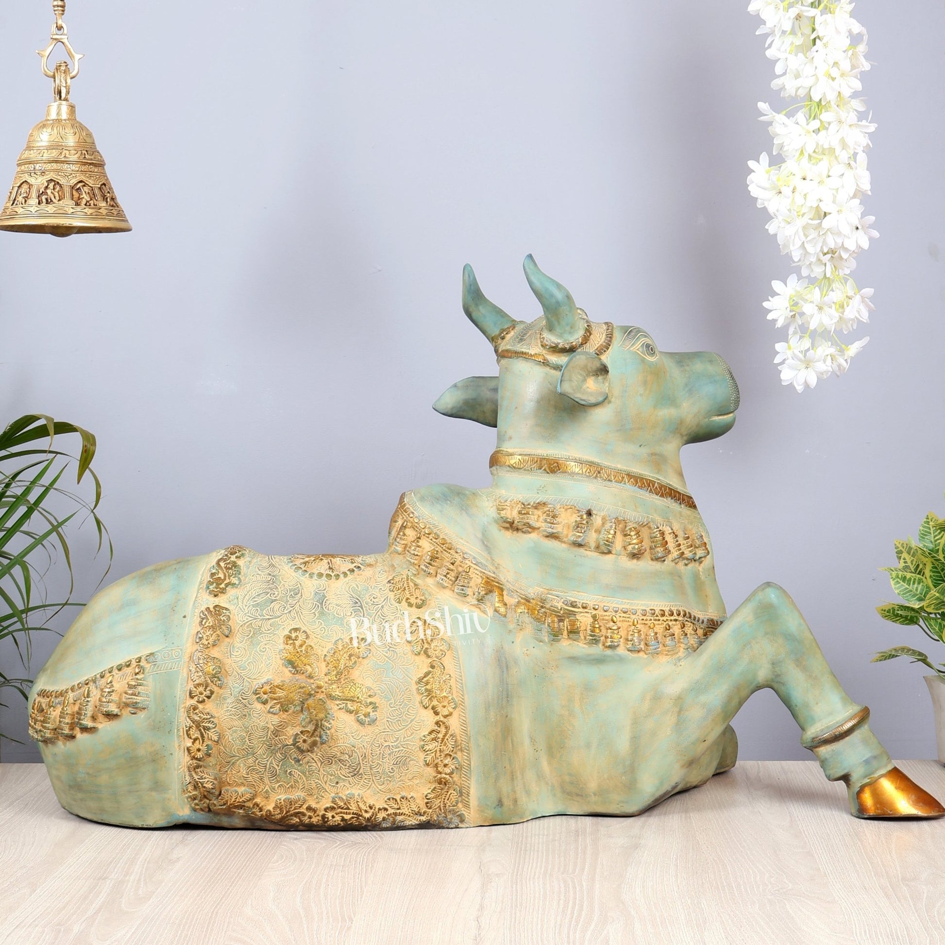 Brass Large Nandi statue green finish | 33" - Budhshiv.com