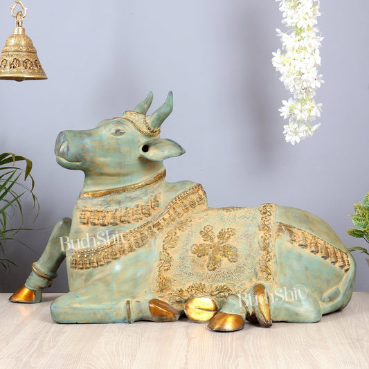 Brass Large Nandi statue green finish | 33" - Budhshiv.com