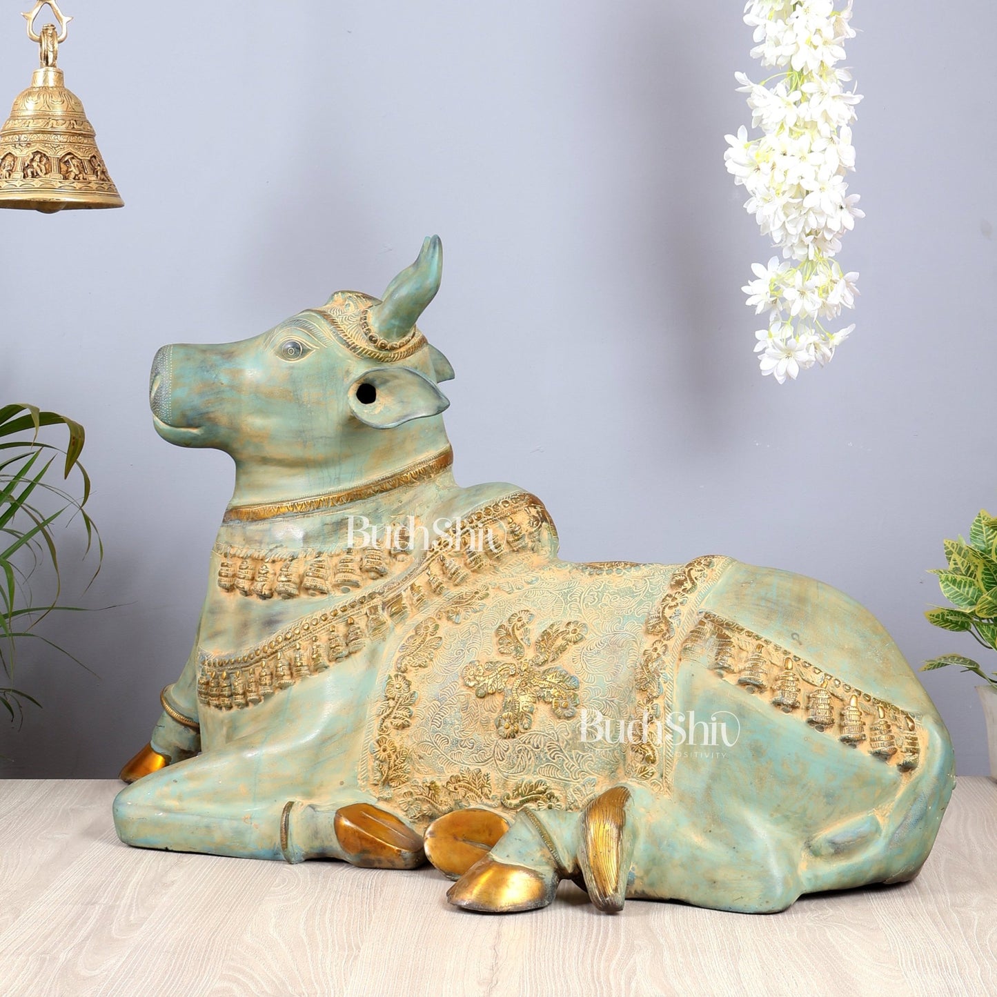 Brass Large Nandi statue green finish | 33" - Budhshiv.com