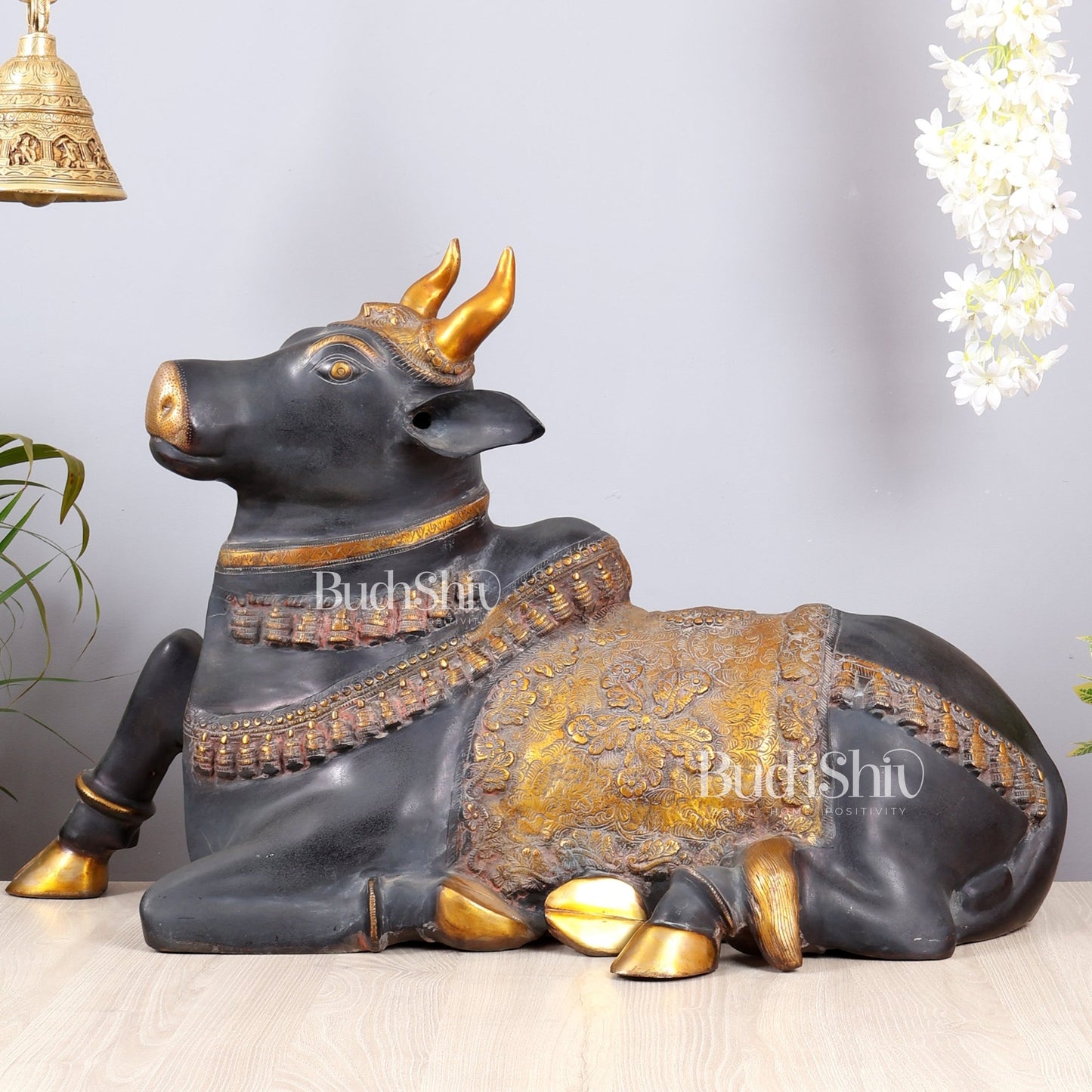 Brass Large Nandi statue Ink Black and Golden finish |33" - Budhshiv.com