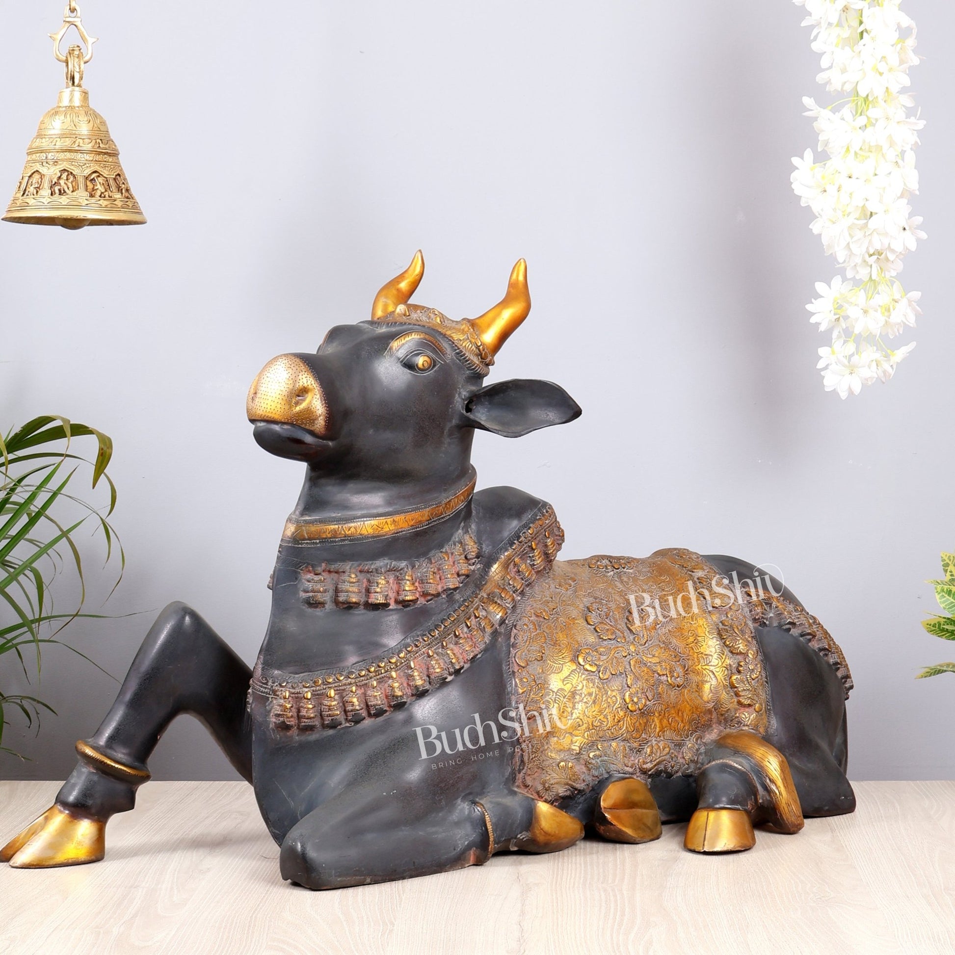 Brass Large Nandi statue Ink Black and Golden finish |33" - Budhshiv.com