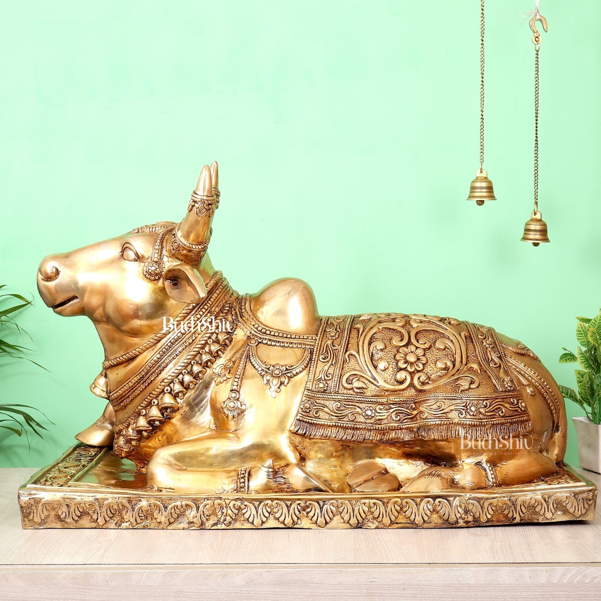 Brass Large Nandi Statue with Intricate Carvings (36X24 Inch, 73 Kg) - Budhshiv.com
