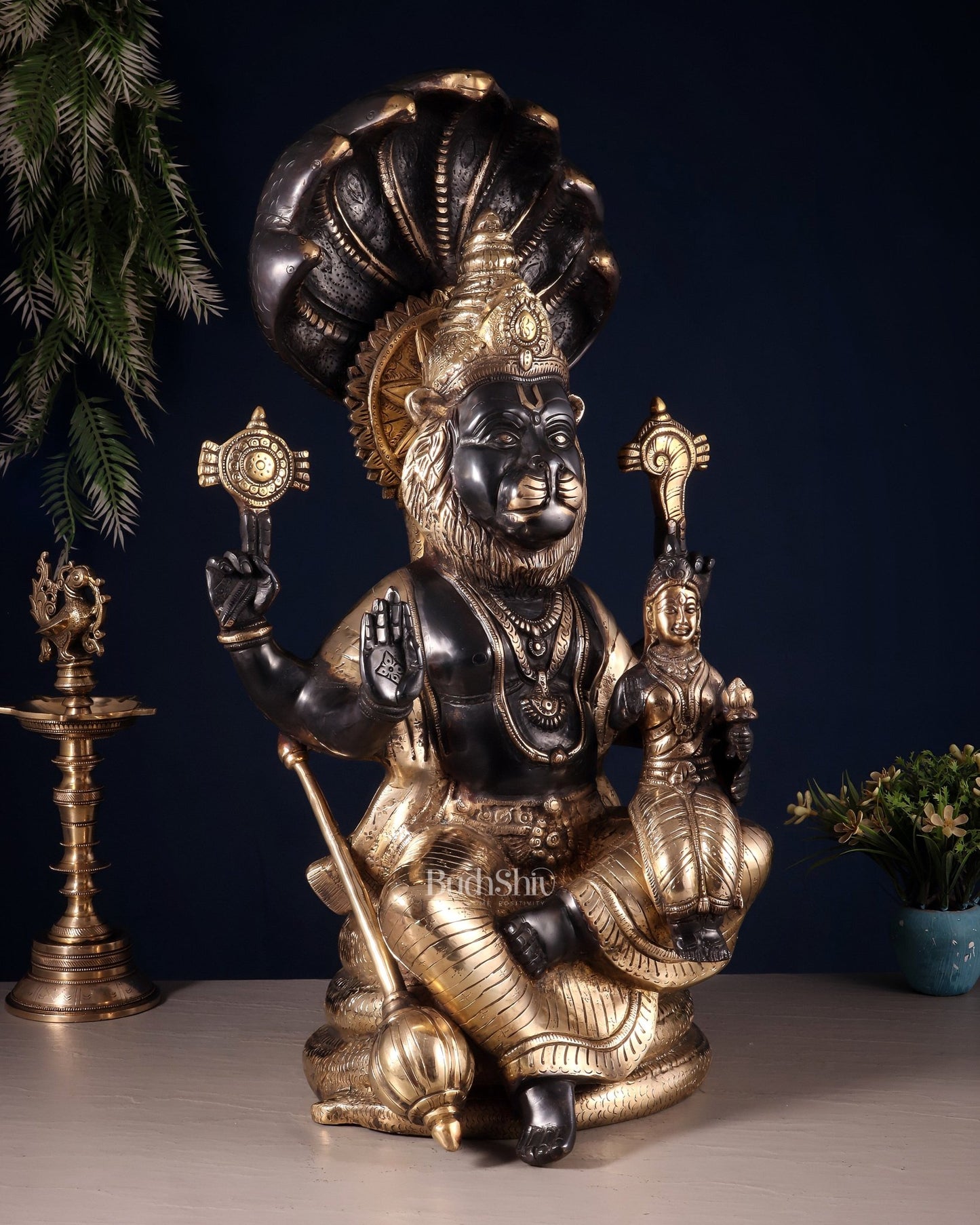 Brass Large Narsimha Lakshmi with Sheshanaaga Statue – 23" - Budhshiv.com