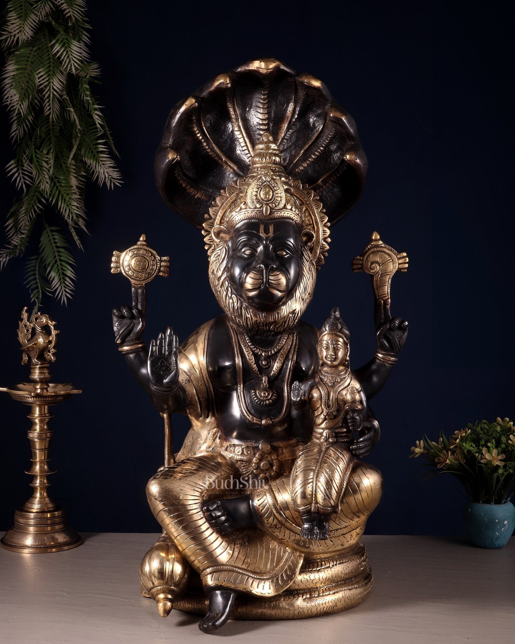 Brass Large Narsimha Lakshmi with Sheshanaaga Statue – 23" - Budhshiv.com