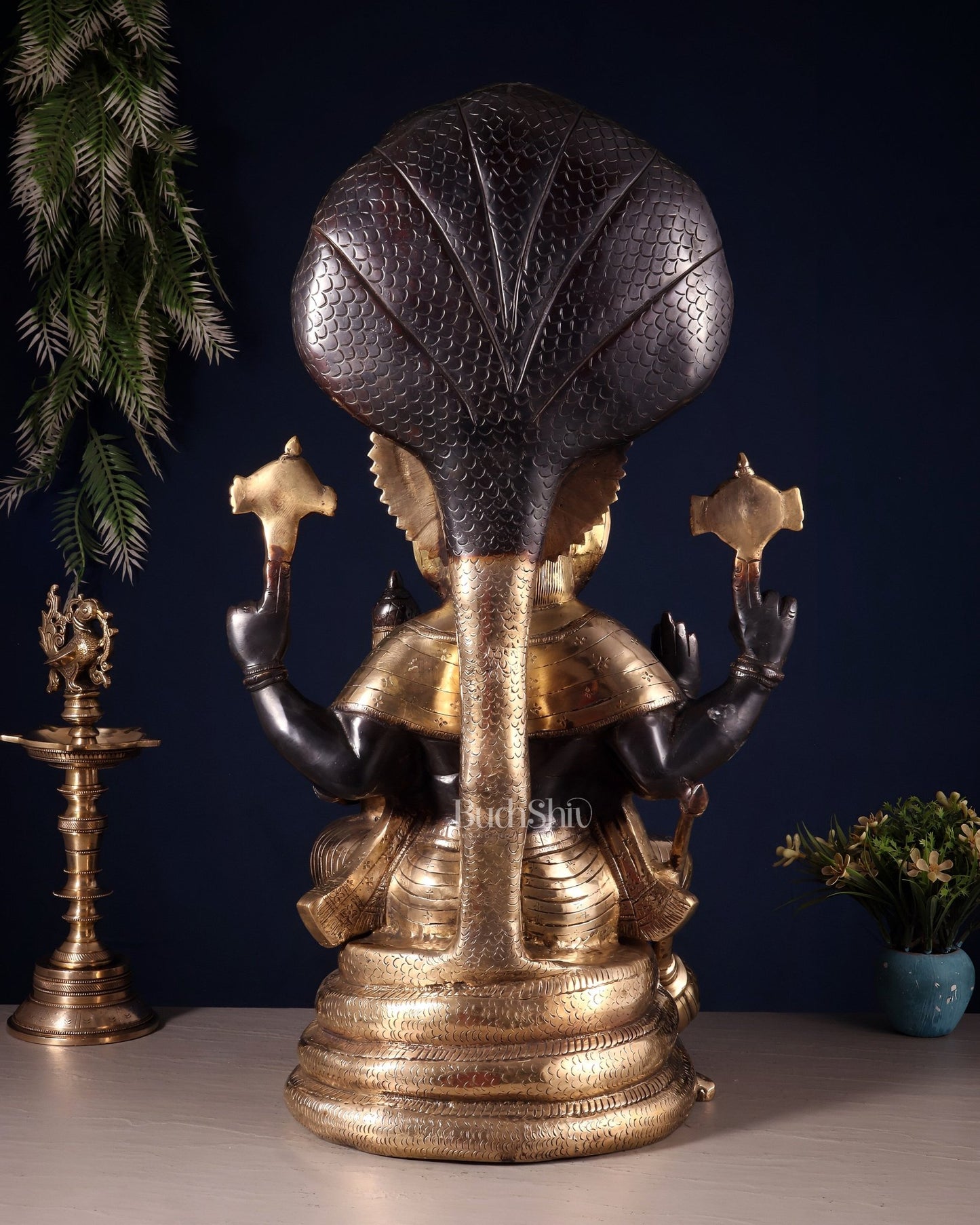 Brass Large Narsimha Lakshmi with Sheshanaaga Statue – 23" - Budhshiv.com