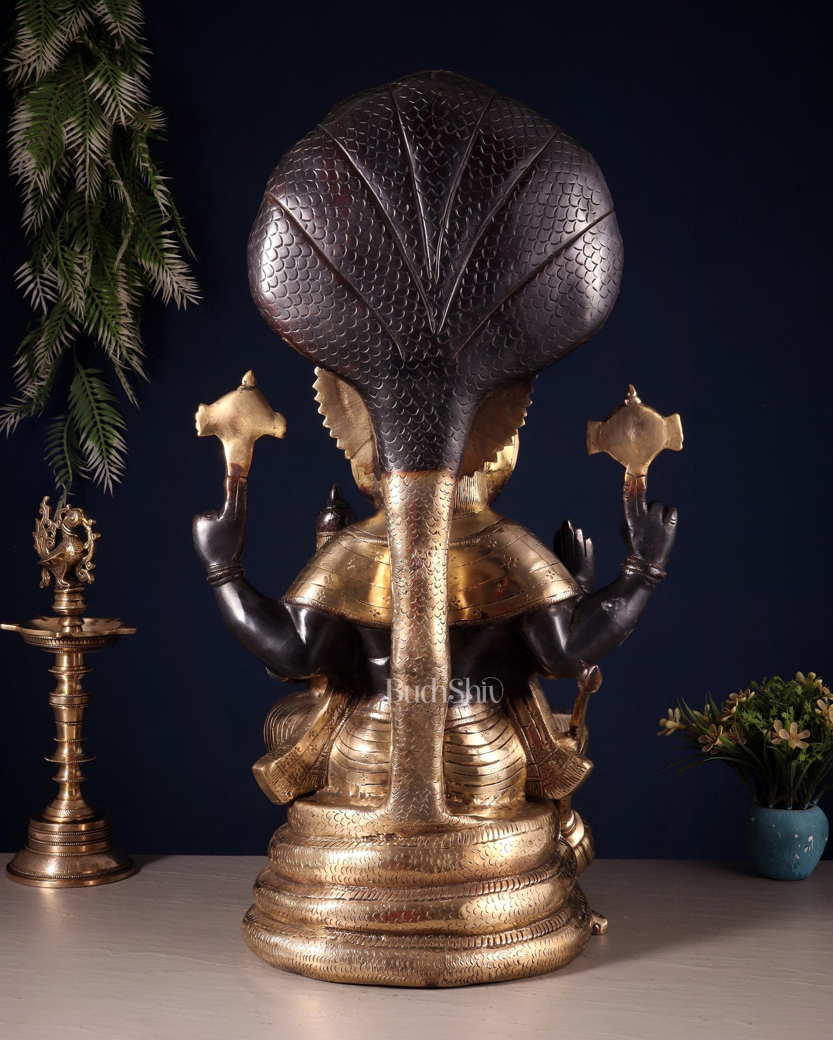 Brass Large Narsimha Lakshmi with Sheshanaaga Statue – 23" - Budhshiv.com