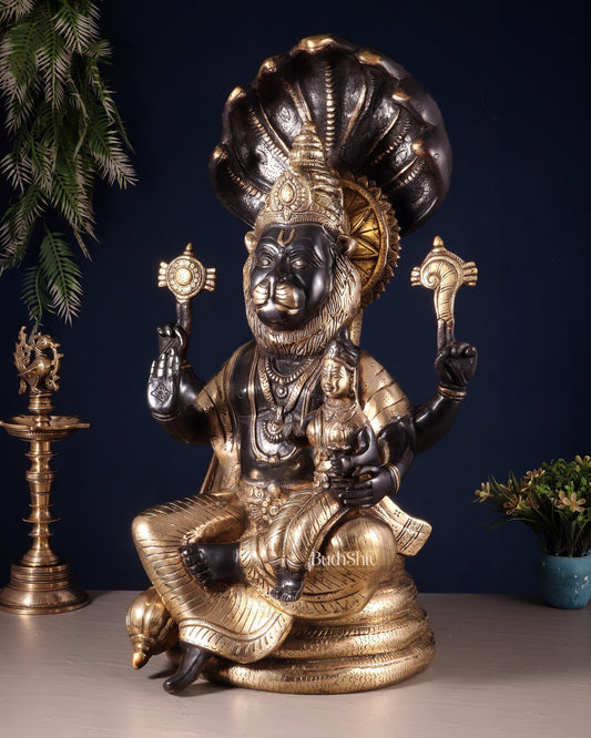 Brass Large Narsimha Lakshmi with Sheshanaaga Statue – 23" - Budhshiv.com