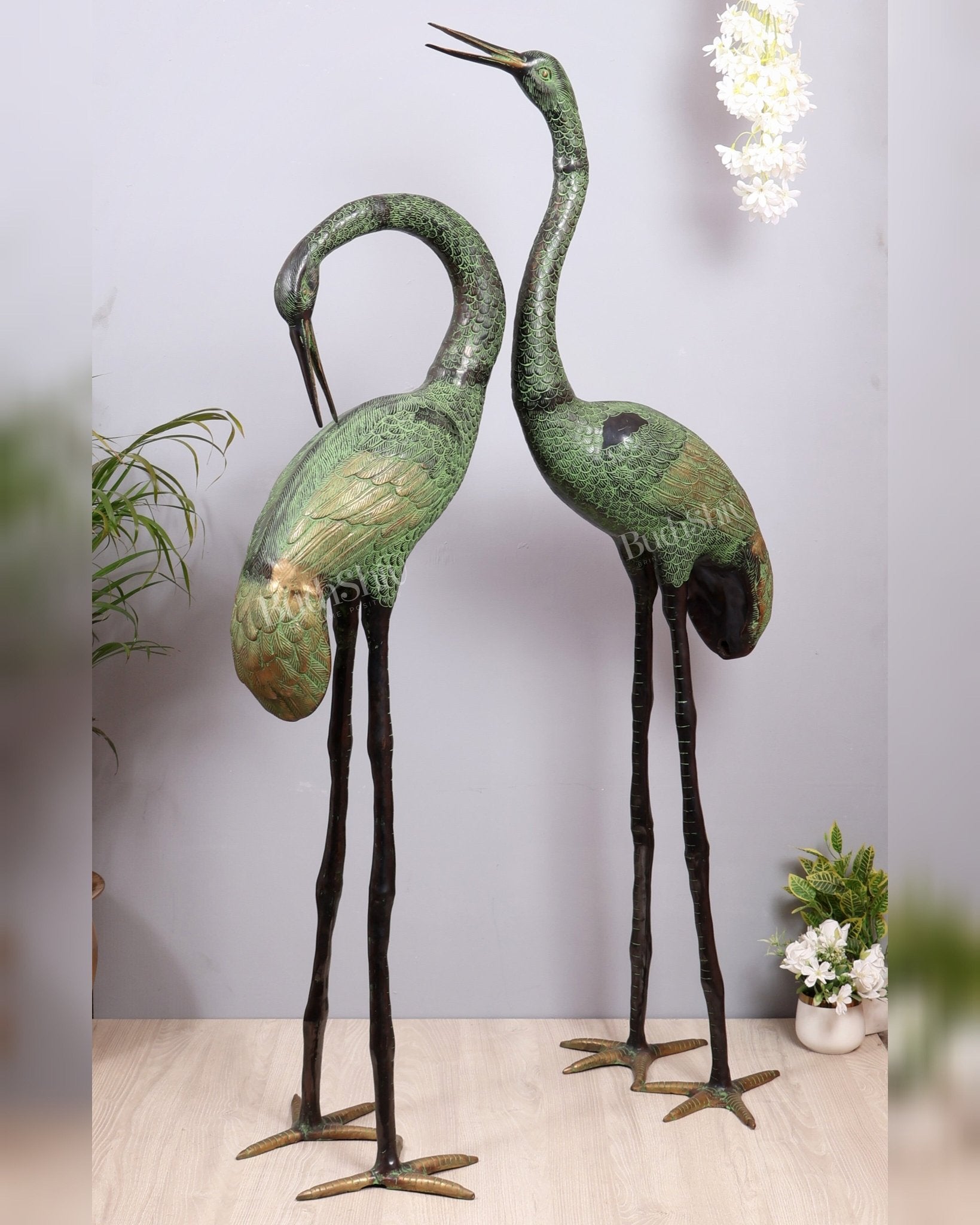Brass Large Pair of birds Heron/Cranes Garden Statues – Antique Black & Green Patina 60" - Budhshiv.com