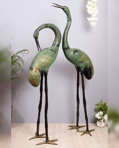 Brass Large Pair of birds Heron/Cranes Garden Statues – Antique Black & Green Patina 60" - Budhshiv.com