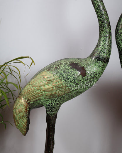 Brass Large Pair of birds Heron/Cranes Garden Statues – Antique Black & Green Patina 60" - Budhshiv.com