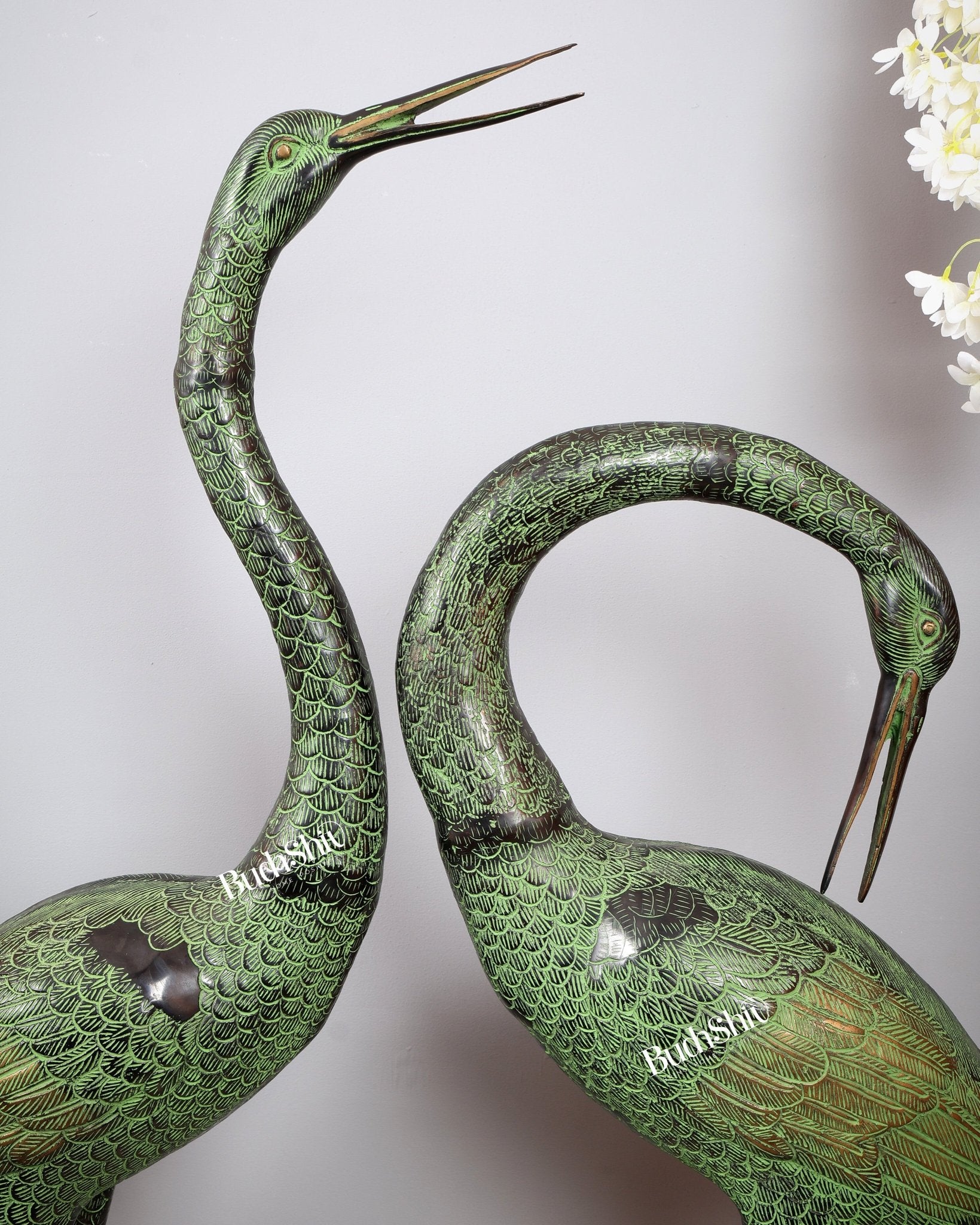 Brass Large Pair of birds Heron/Cranes Garden Statues – Antique Black & Green Patina 60" - Budhshiv.com