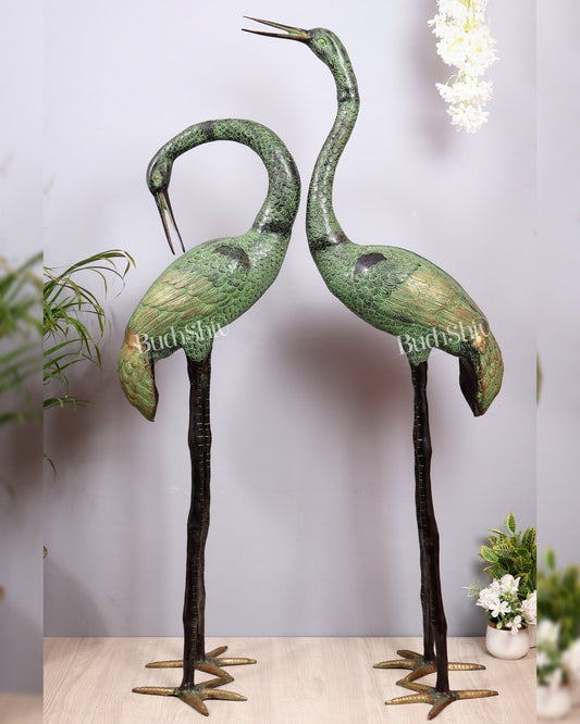 Brass Large Pair of birds Heron/Cranes Garden Statues – Antique Black & Green Patina 60" - Budhshiv.com