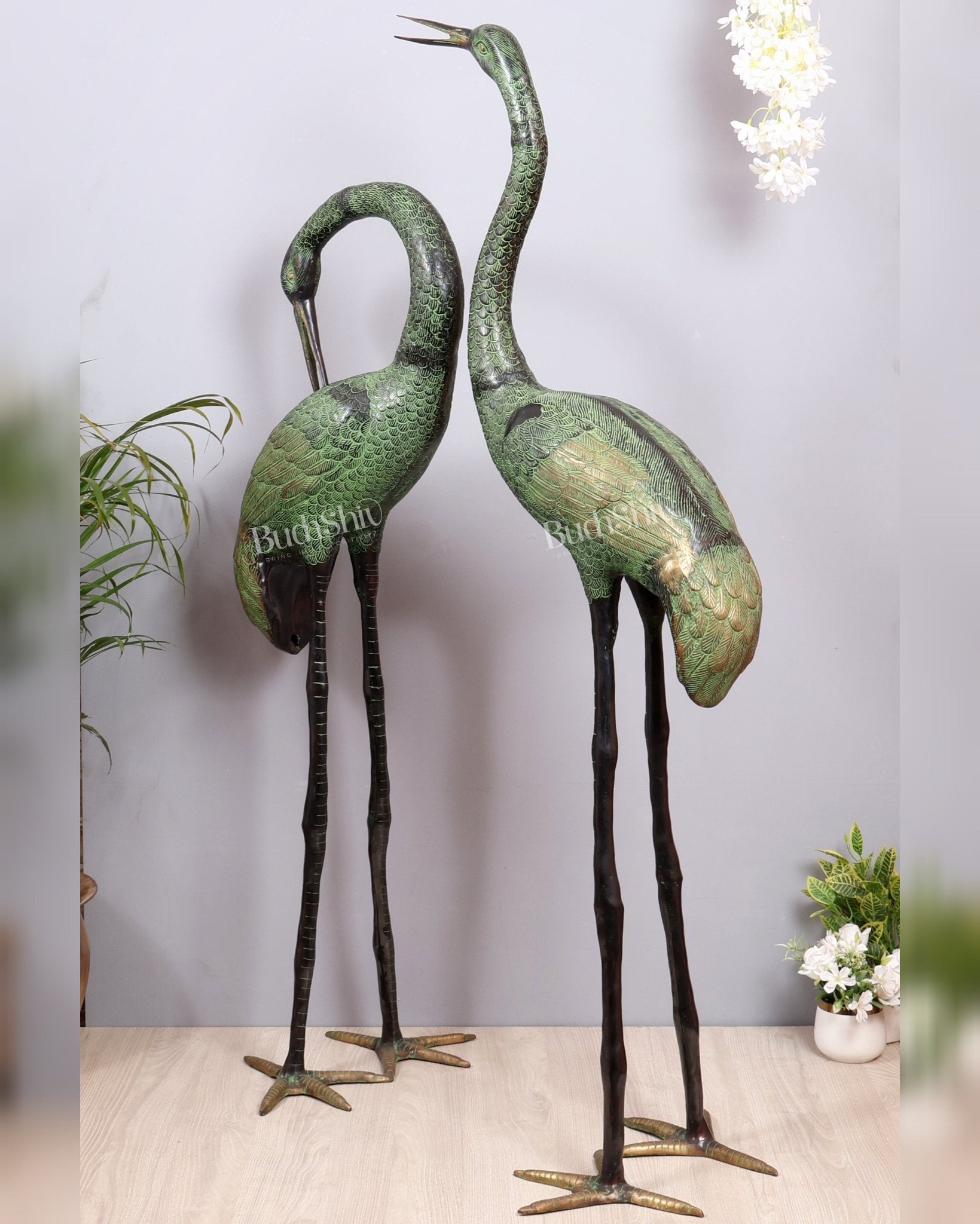 Brass Large Pair of birds Heron/Cranes Garden Statues – Antique Black & Green Patina 60" - Budhshiv.com