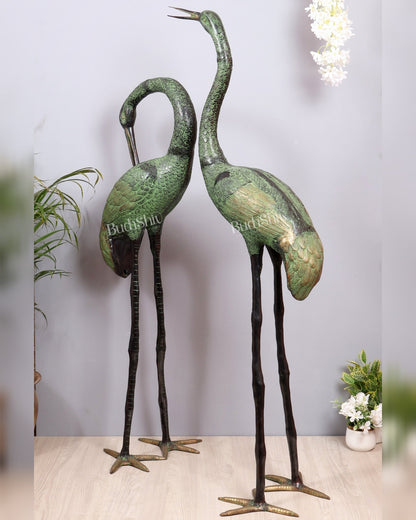 Brass Large Pair of birds Heron/Cranes Garden Statues – Antique Black & Green Patina 60" - Budhshiv.com