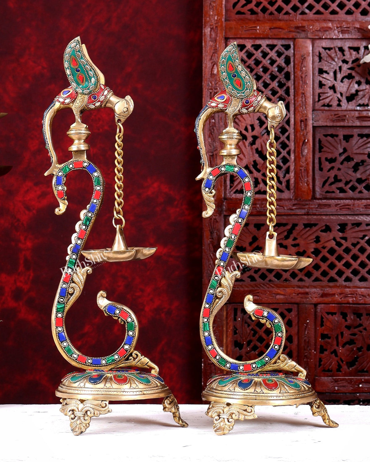 Brass Large Parrot Oil Lamp Diya Vilakku | 17 Inch with stonework - Budhshiv.com
