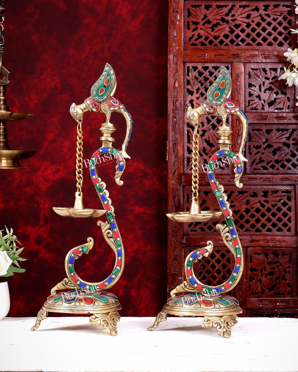 Brass Large Parrot Oil Lamp Diya Vilakku | 17 Inch with stonework - Budhshiv.com