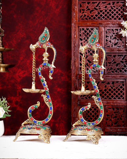 Brass Large Parrot Oil Lamp Diya Vilakku | 17 Inch with stonework - Budhshiv.com