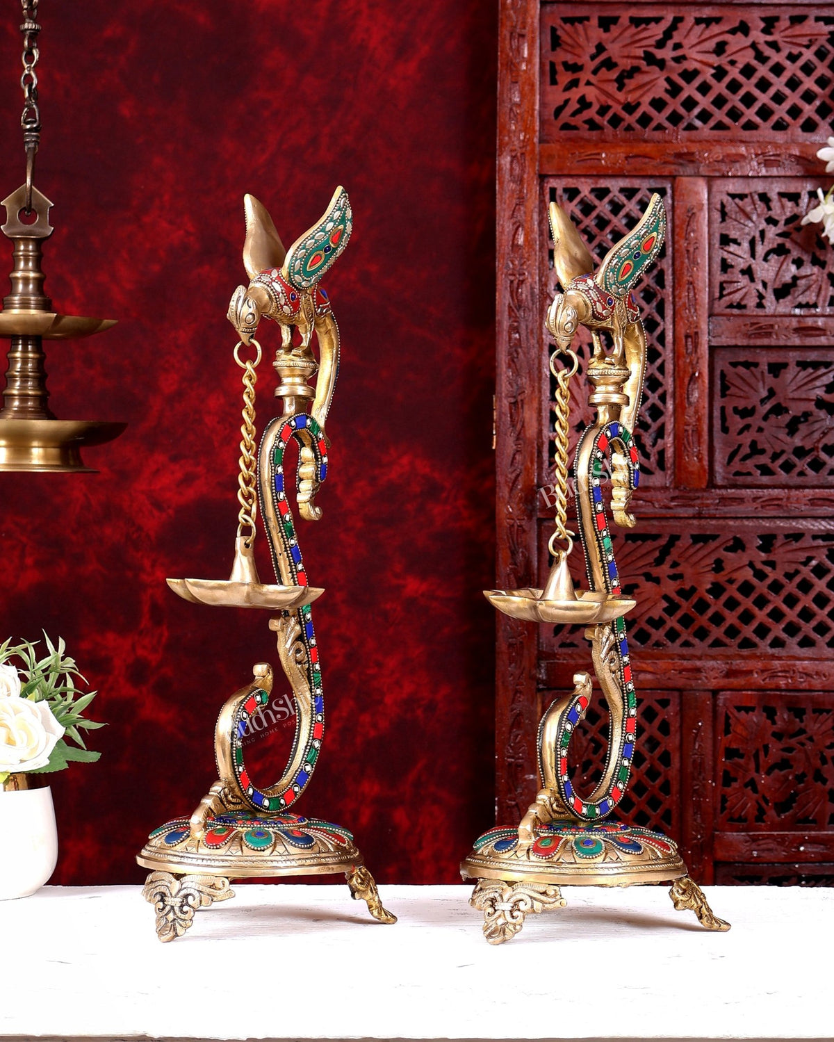Brass Large Parrot Oil Lamp Diya Vilakku | 17 Inch with stonework - Budhshiv.com