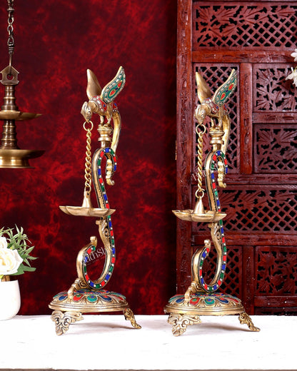 Brass Large Parrot Oil Lamp Diya Vilakku | 17 Inch with stonework - Budhshiv.com