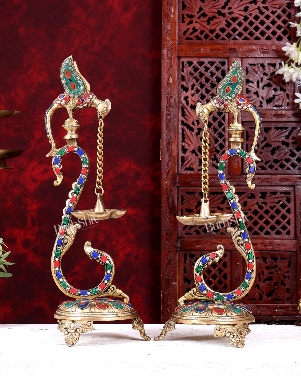 Brass Large Parrot Oil Lamp Diya Vilakku | 17 Inch with stonework - Budhshiv.com