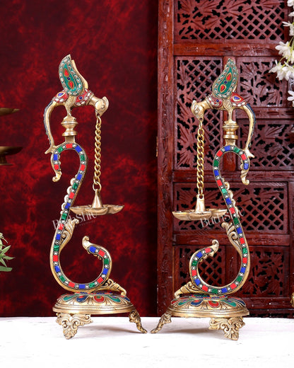 Brass Large Parrot Oil Lamp Diya Vilakku | 17 Inch with stonework - Budhshiv.com