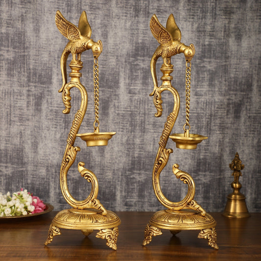 Brass Large Parrot Oil Lamp Diya Vilakku Pair | 17 Inch Height - Budhshiv.com