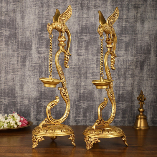 Brass Large Parrot Oil Lamp Diya Vilakku Pair | 17 Inch Height - Budhshiv.com