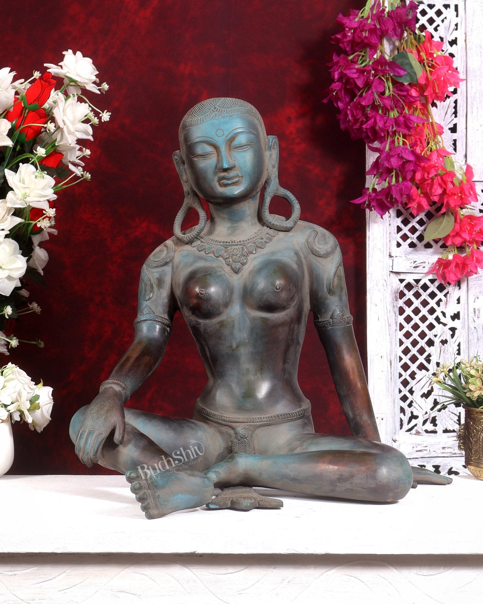 Brass Large Parvati Idol – Tibetan Style, 19 Inch - Budhshiv.com
