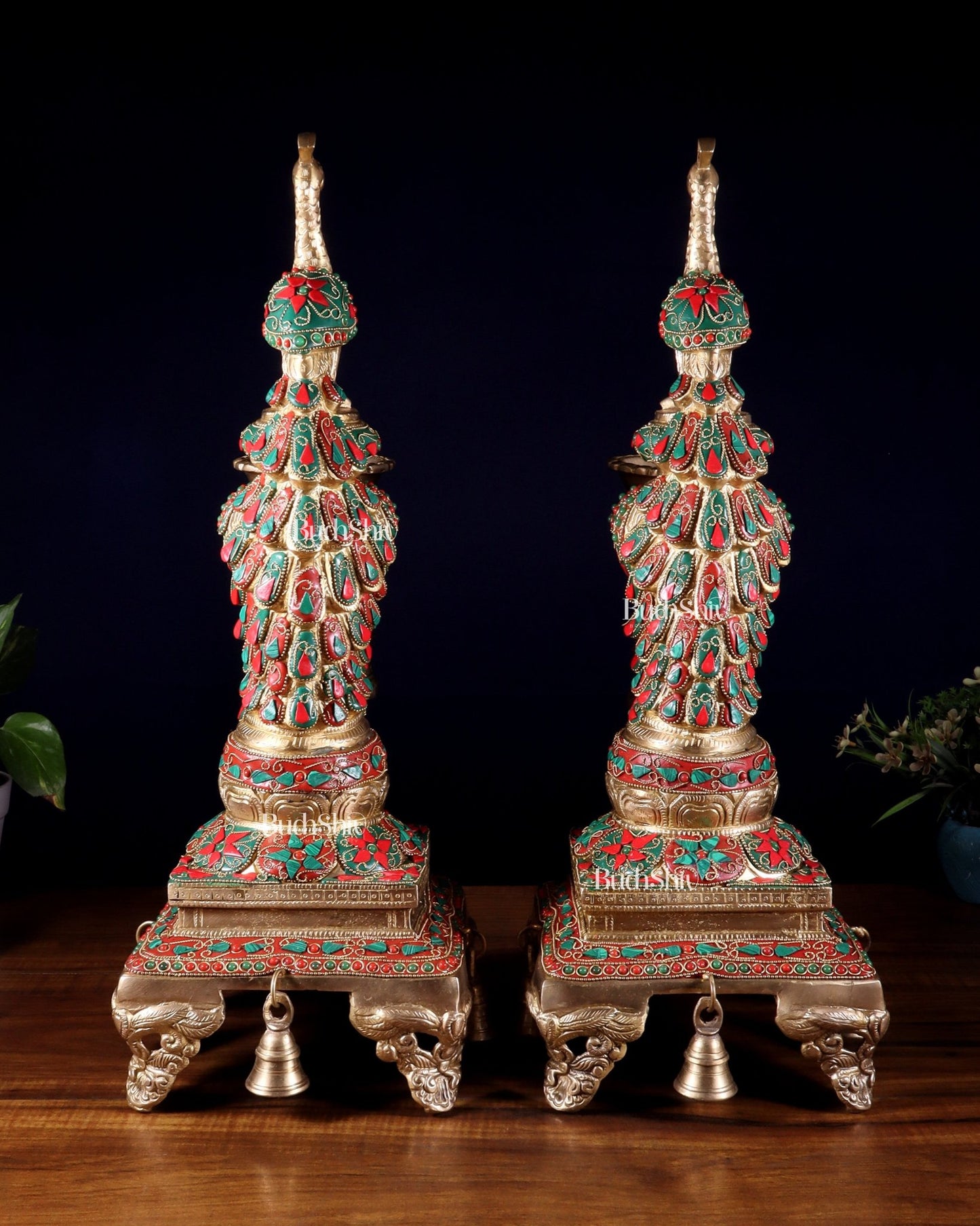 Brass Large Peacock Diya with Meenakari Stonework | 19 - Inch Traditional Oil Lamp pair - Budhshiv.com