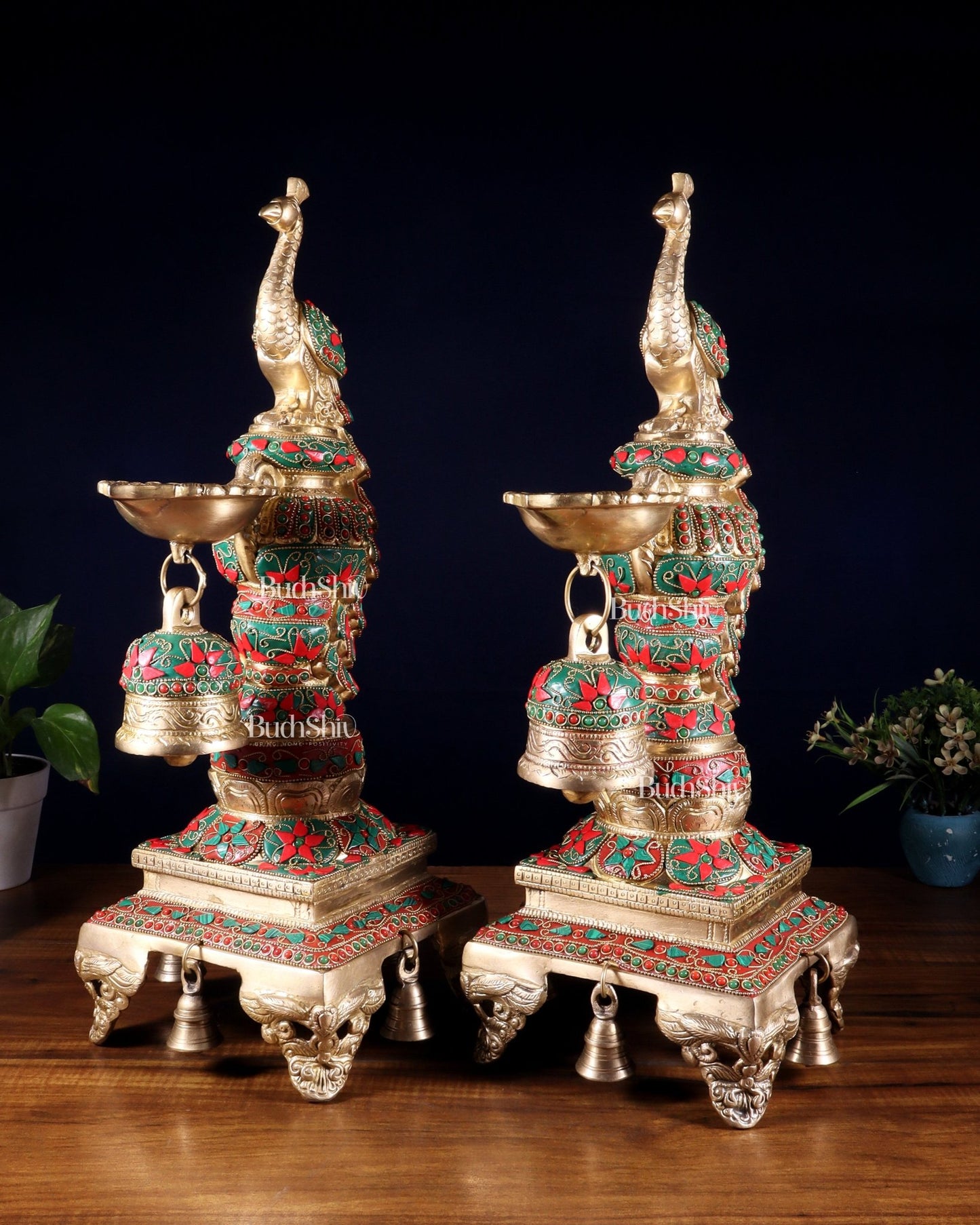 Brass Large Peacock Diya with Meenakari Stonework | 19 - Inch Traditional Oil Lamp pair - Budhshiv.com