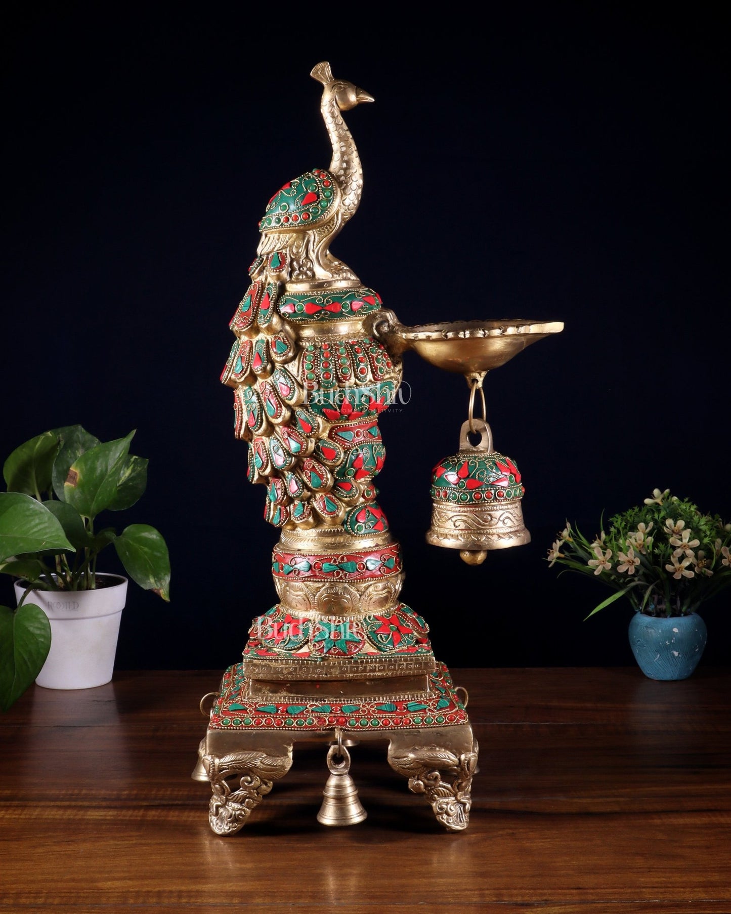 Brass Large Peacock Diya with Meenakari Stonework | 19 - Inch Traditional Oil Lamp pair - Budhshiv.com