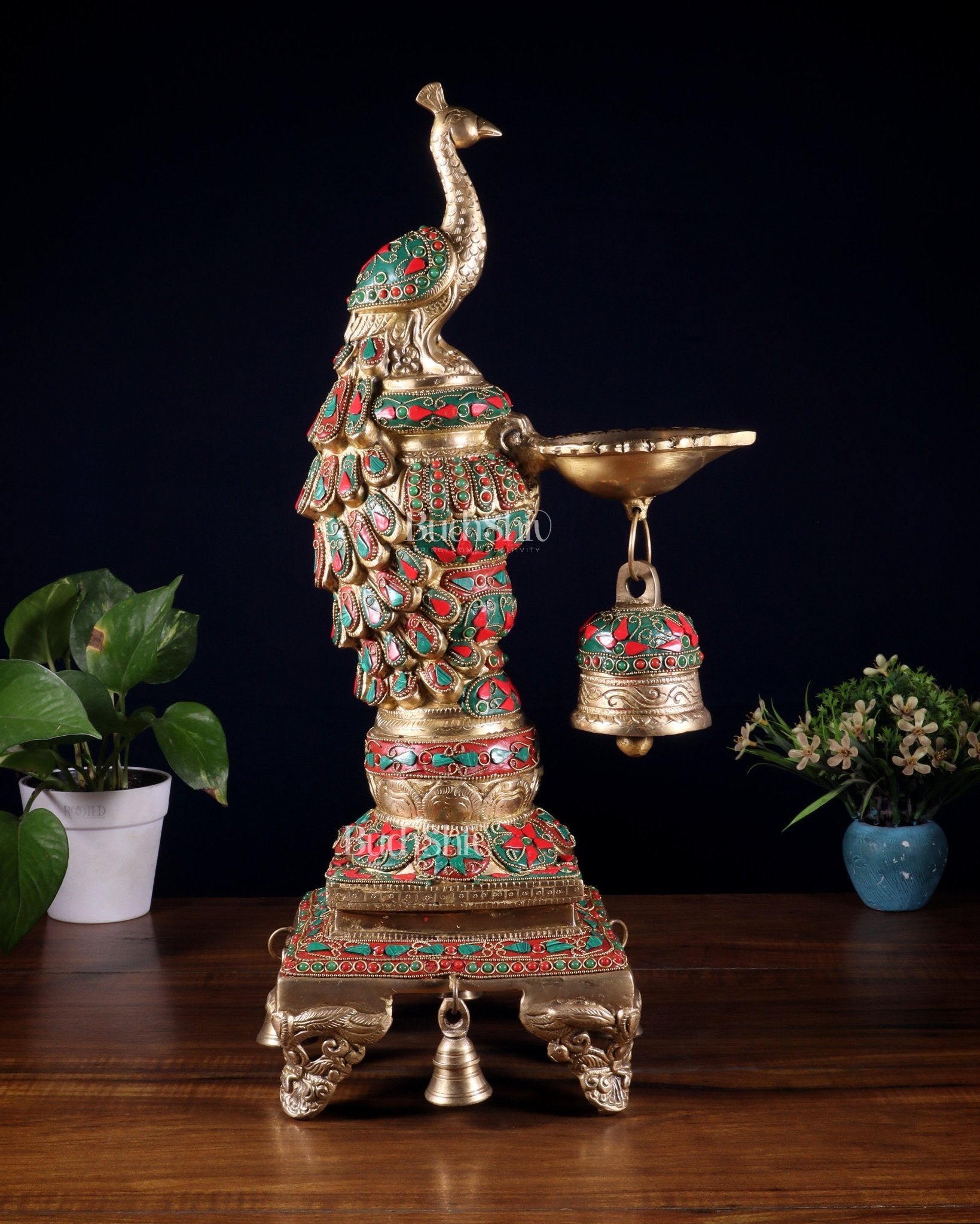 Brass Large Peacock Diya with Meenakari Stonework | 19 - Inch Traditional Oil Lamp pair - Budhshiv.com