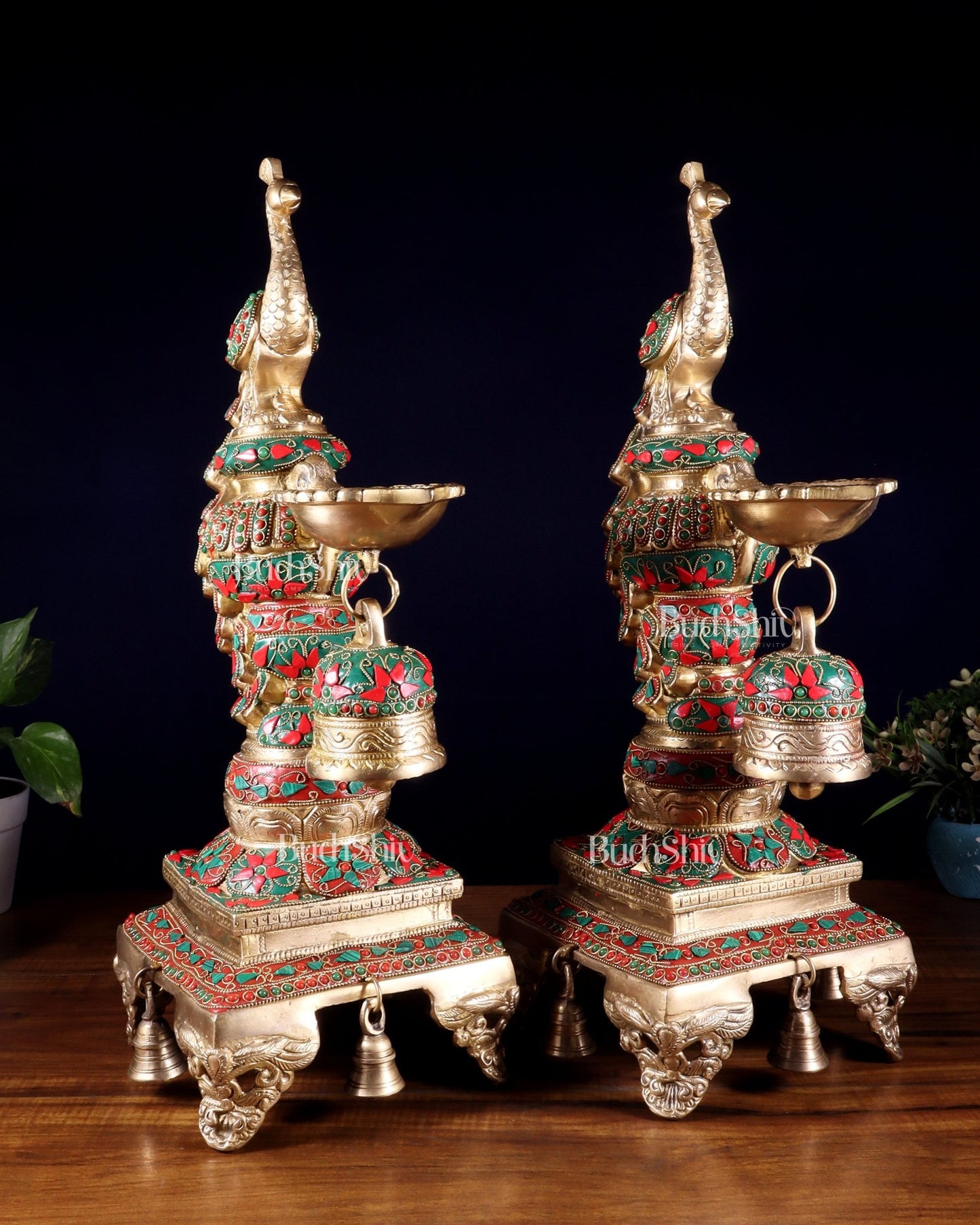Brass Large Peacock Diya with Meenakari Stonework | 19 - Inch Traditional Oil Lamp pair - Budhshiv.com