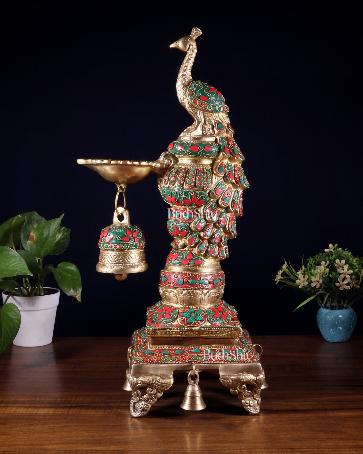Brass Large Peacock Diya with Meenakari Stonework | 19 - Inch Traditional Oil Lamp pair - Budhshiv.com