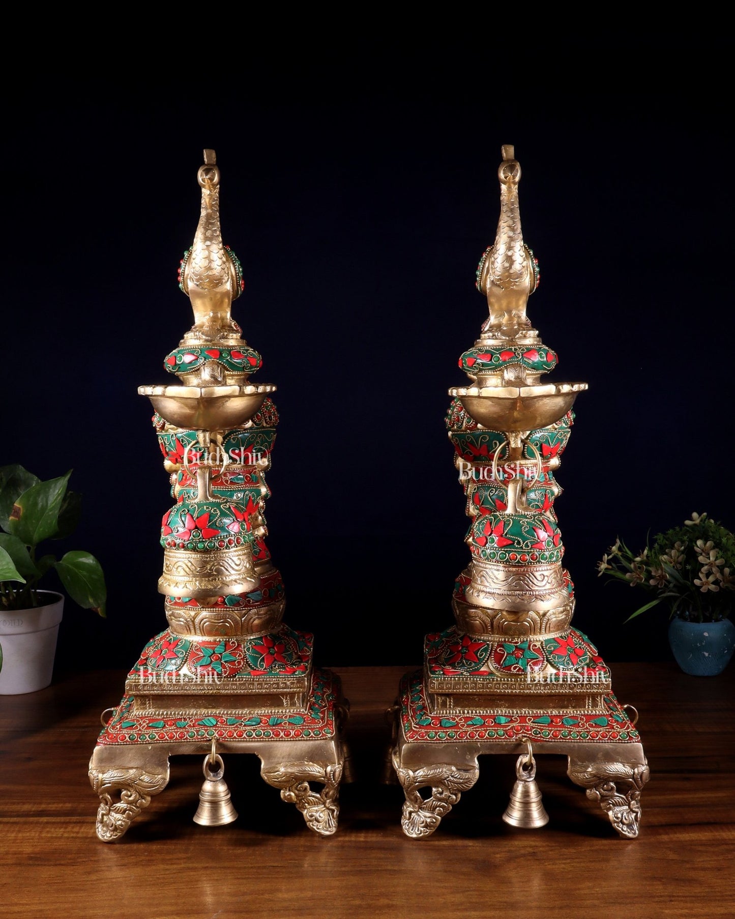 Brass Large Peacock Diya with Meenakari Stonework | 19 - Inch Traditional Oil Lamp pair - Budhshiv.com