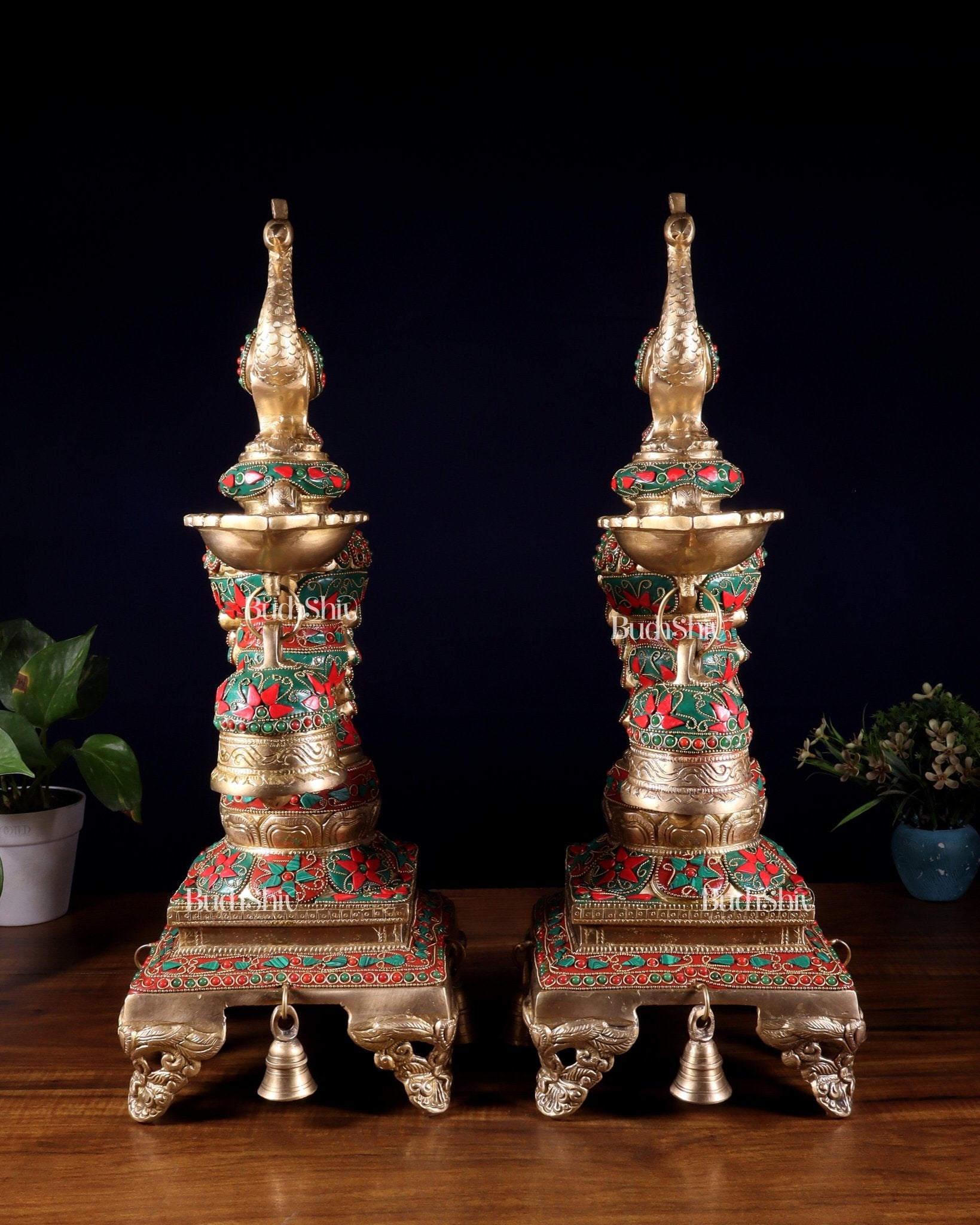 Brass Large Peacock Diya with Meenakari Stonework | 19 - Inch Traditional Oil Lamp pair - Budhshiv.com