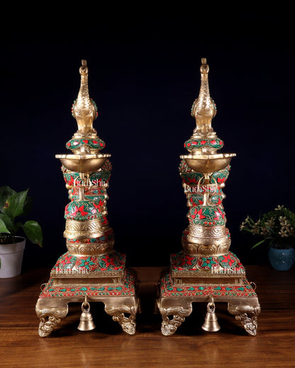 Brass Large Peacock Diya with Meenakari Stonework | 19 - Inch Traditional Oil Lamp pair - Budhshiv.com