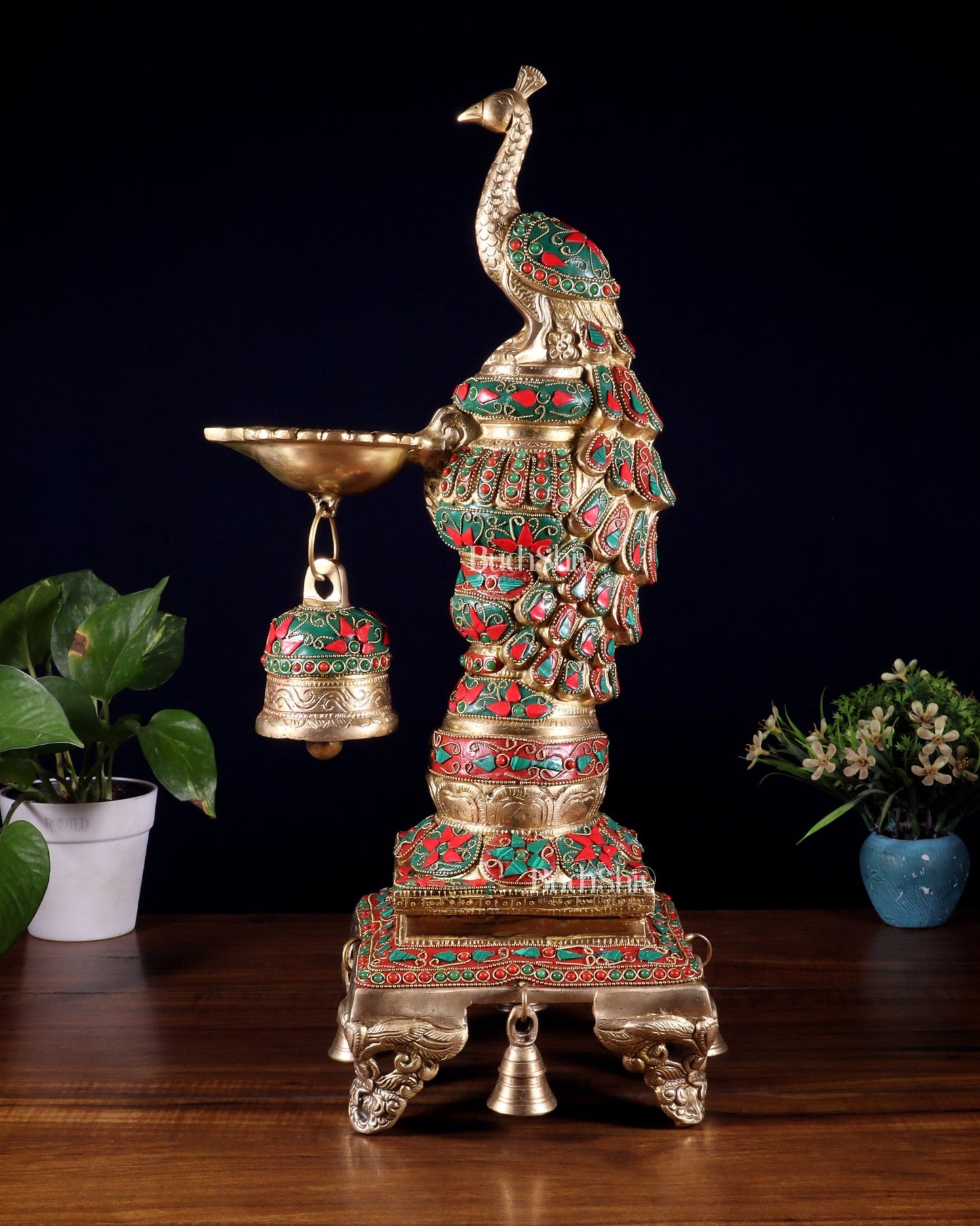 Brass Large Peacock Diya with Meenakari Stonework | 19 - Inch Traditional Oil Lamp - Budhshiv.com