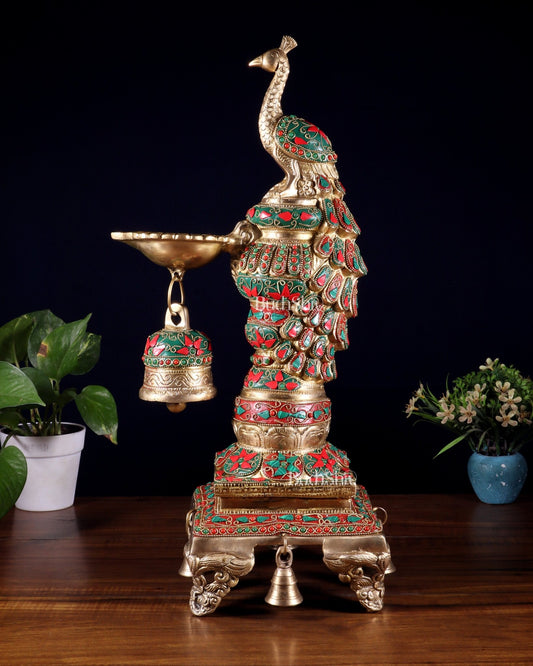 Brass Large Peacock Diya with Meenakari Stonework | 19 - Inch Traditional Oil Lamp - Budhshiv.com