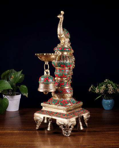 Brass Large Peacock Diya with Meenakari Stonework | 19 - Inch Traditional Oil Lamp - Budhshiv.com