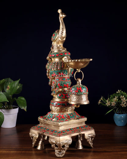 Brass Large Peacock Diya with Meenakari Stonework | 19 - Inch Traditional Oil Lamp - Budhshiv.com