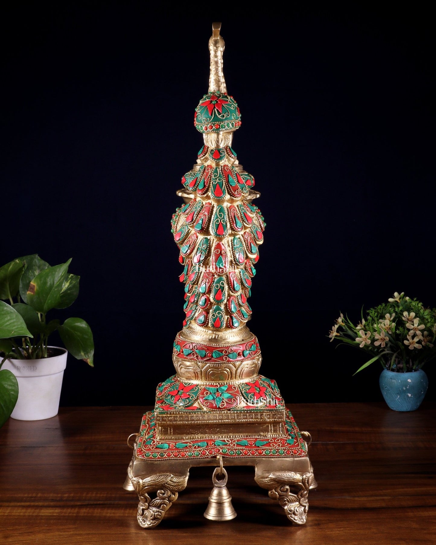 Brass Large Peacock Diya with Meenakari Stonework | 19 - Inch Traditional Oil Lamp - Budhshiv.com