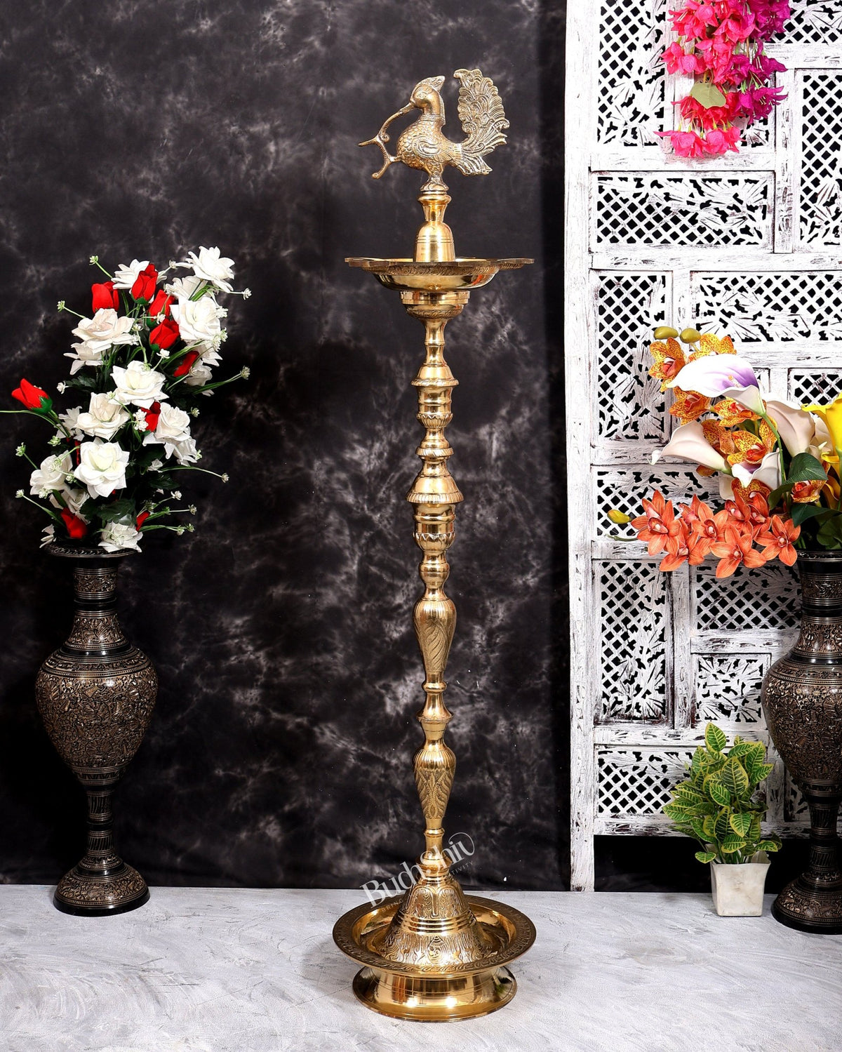 Brass Large Peacock Samai Inauguration Lamp (Pair) 51 inch - Budhshiv.com