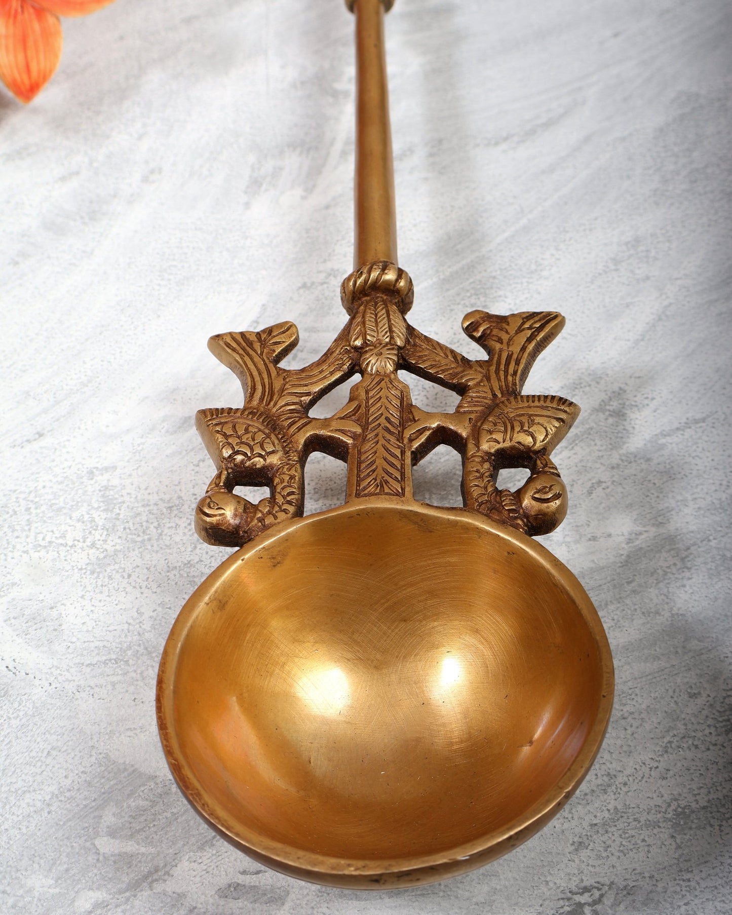 Brass Large Pooja Spoon (Hawan Chamach) – Yali Design Handcrafted Ritual Spoon (17.25 Inches) - Budhshiv.com