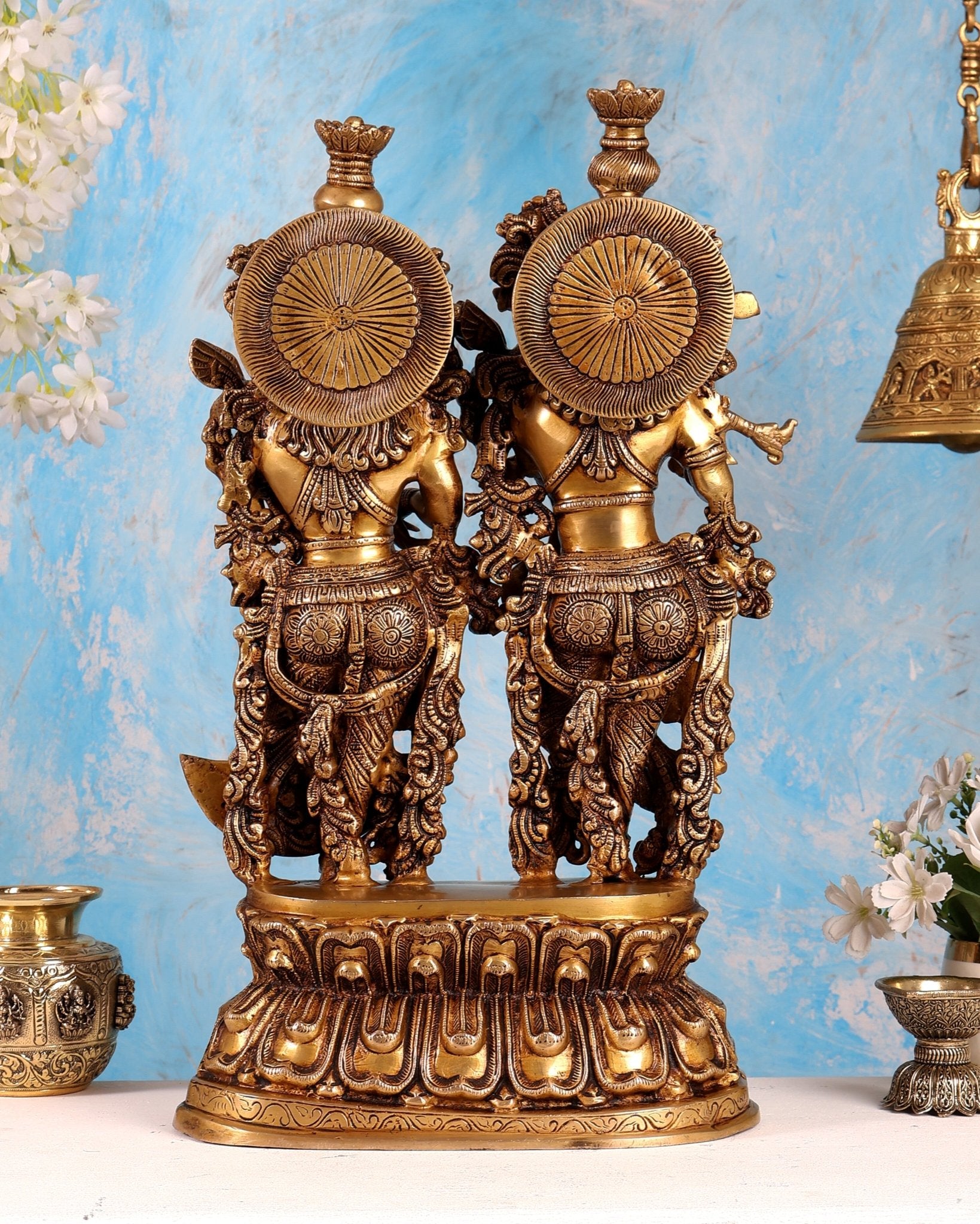 Brass Large Radha Krishna Statue on Same Base – Enhanced Carvings Divine Sculpture (21 Inches) - Budhshiv.com