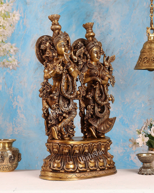 Brass Large Radha Krishna Statue on Same Base – Enhanced Carvings Divine Sculpture (21 Inches) - Budhshiv.com