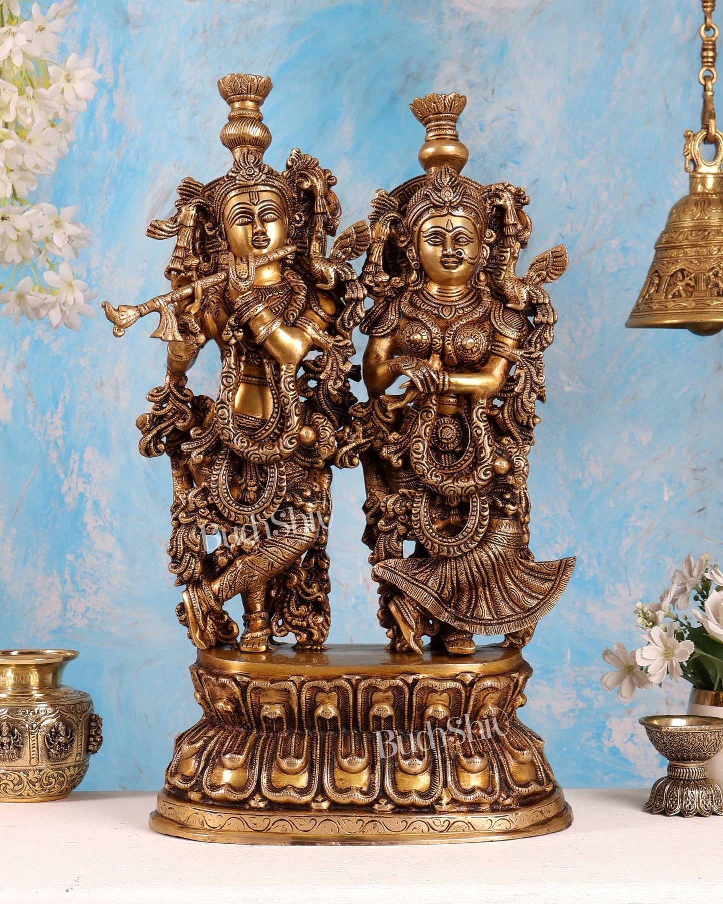 Brass Large Radha Krishna Statue on Same Base – Enhanced Carvings Divine Sculpture (21 Inches) - Budhshiv.com