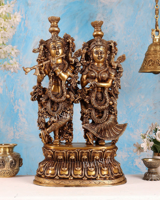 Brass Large Radha Krishna Statue on Same Base – Enhanced Carvings Divine Sculpture (21 Inches) - Budhshiv.com