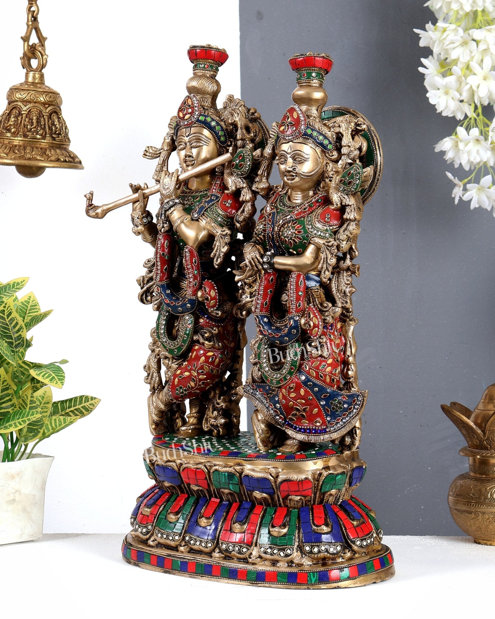 Brass Large Radha Krishna Statue on Same Base with meenakari Stonework 21 inch - Budhshiv.com